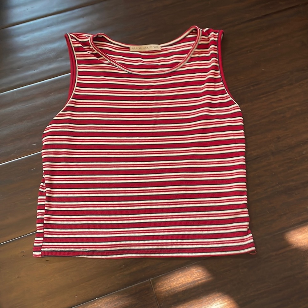 Stripped red, white, and black Tank